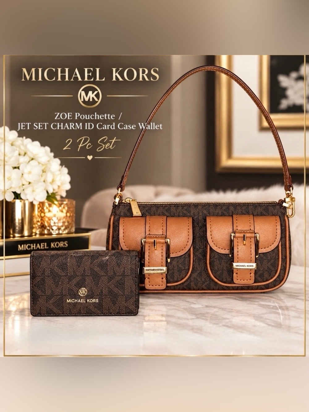 Michael Kors ZOE Pouchette/JET SET CHARM ID Card Case Wallet 2 Pc Set
